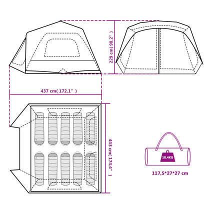 Tent vidaXL 10-persoons met LED, plattegrond en afmetingen in lichtgrijs en oranje.