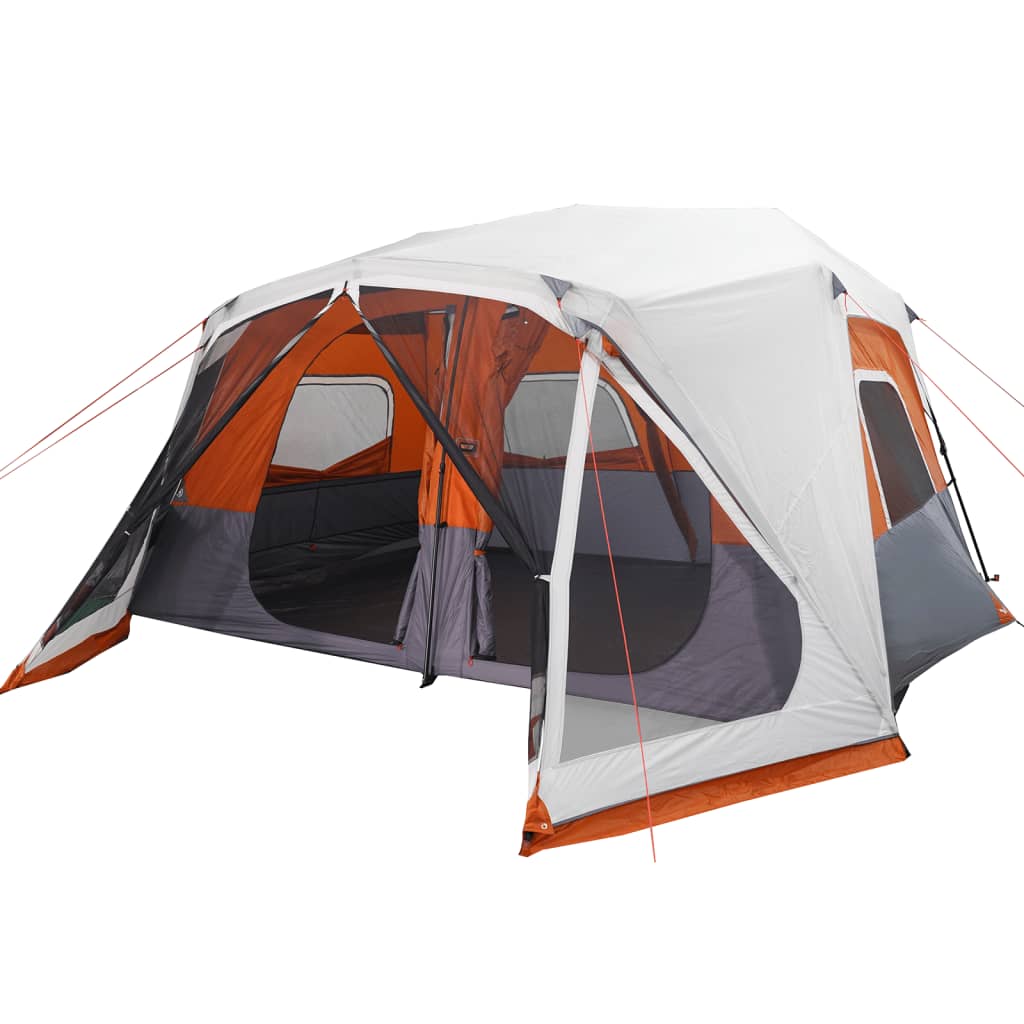 Detail van de vidaXL tent met LED in lichtgrijs en oranje, zijaanzicht met open ingangen.