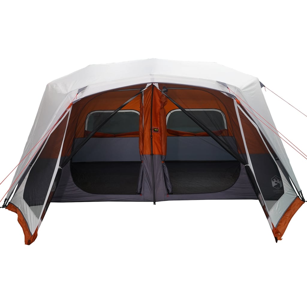 Tent vidaXL 10-persoons in lichtgrijs en oranje, zijaanzicht met open ingangen.