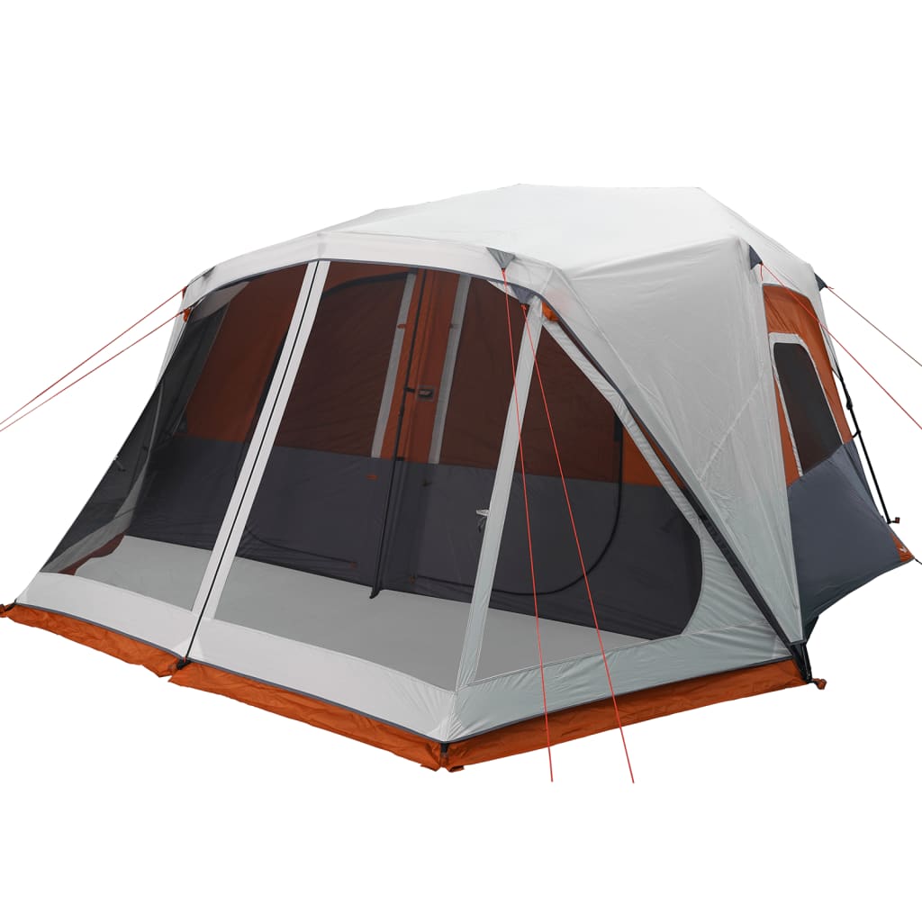 Zijaanzicht van de vidaXL tent met LED, lichtgrijs en oranje, met open ingang.
