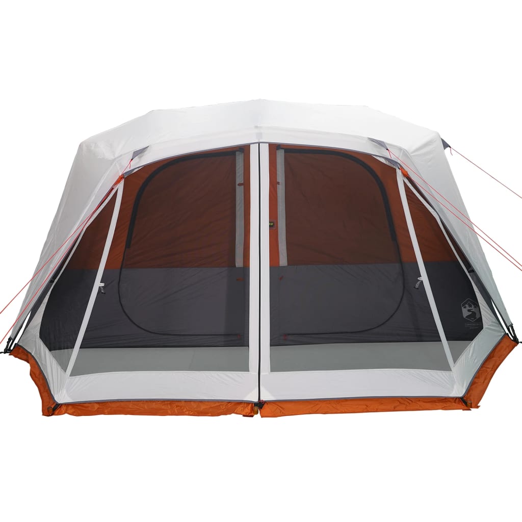 Detail van de tent met LED verlichting, lichtgrijs en oranje, zijaanzicht met open ingangen.