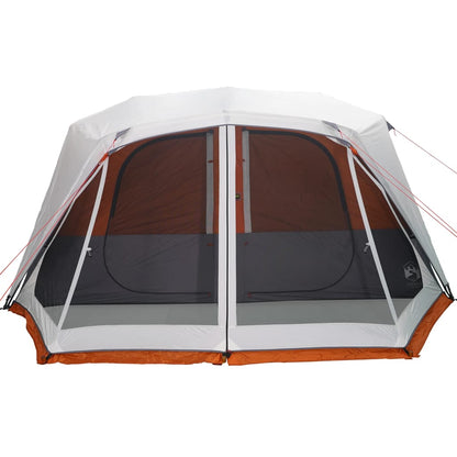 Detail van de tent met LED verlichting, lichtgrijs en oranje, zijaanzicht met open ingangen.