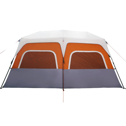 Zijaanzicht van de vidaXL tent met LED in lichtgrijs en oranje, met grote ramen.