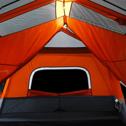 Detail van de tent vidaXL met oranje en grijze stoffen, LED-verlichting zichtbaar aan de bovenkant.