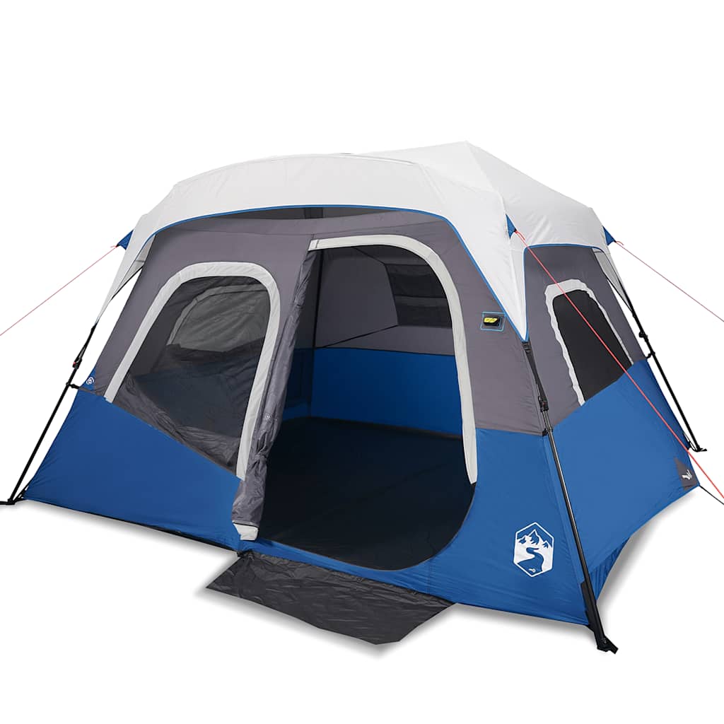 Lichtblauwe vidaXL tent met snelontgrendeling, zijaanzicht van de ingang en ventilatieroosters.