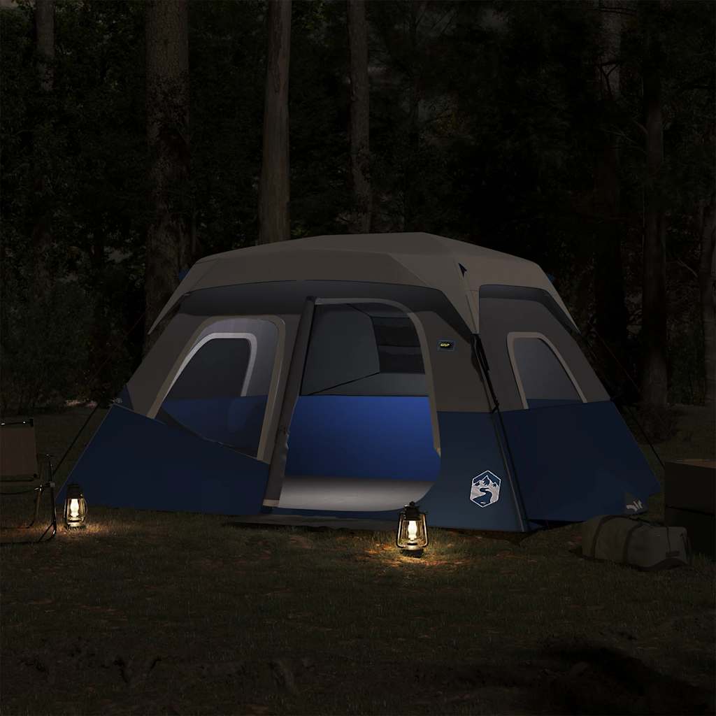 Lichtblauwe vidaXL tent met open voordeur en LED-verlichting in een bosrijke omgeving.