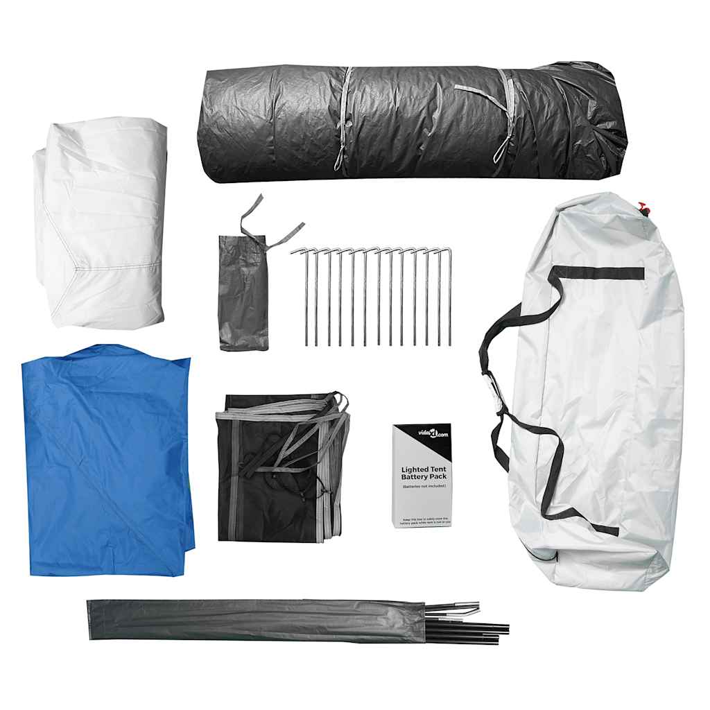 Accessoires van de vidaXL 6-persoons tent, waaronder tentdoek, stokken en batterijpakketten.