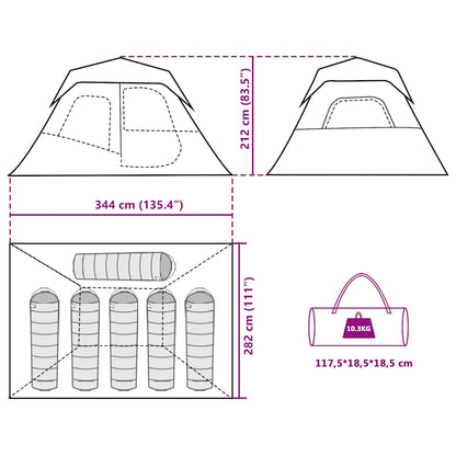 Detail van de tentafmetingen en ontwerpkenmerken van de vidaXL 6-persoons tent.