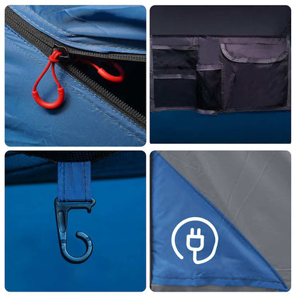 Detail van de lichtblauwe vidaXL tent met LED-verlichting en opbergvakken.