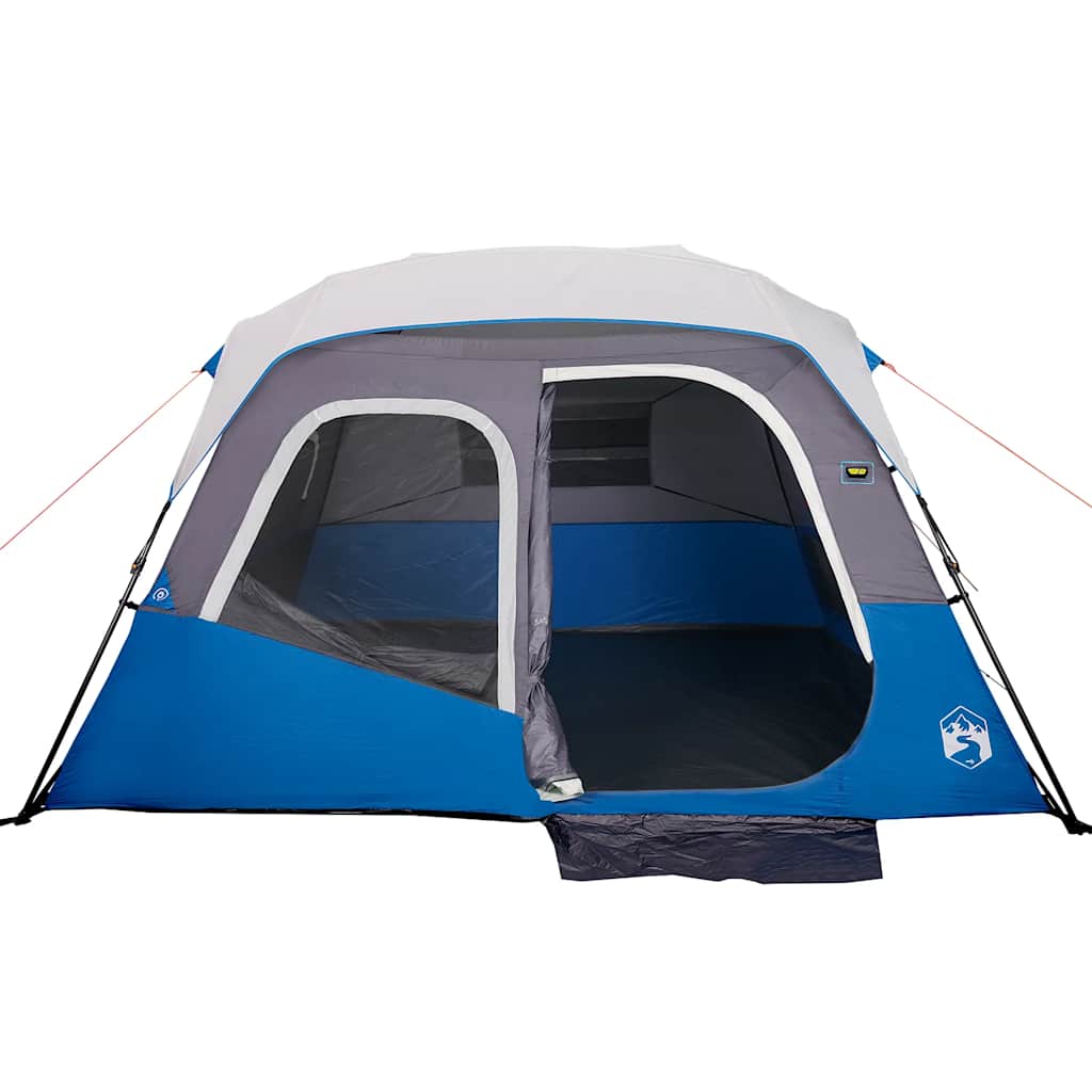 Zijaanzicht van de vidaXL lichtblauwe tent met snelontgrendeling en open ingang.
