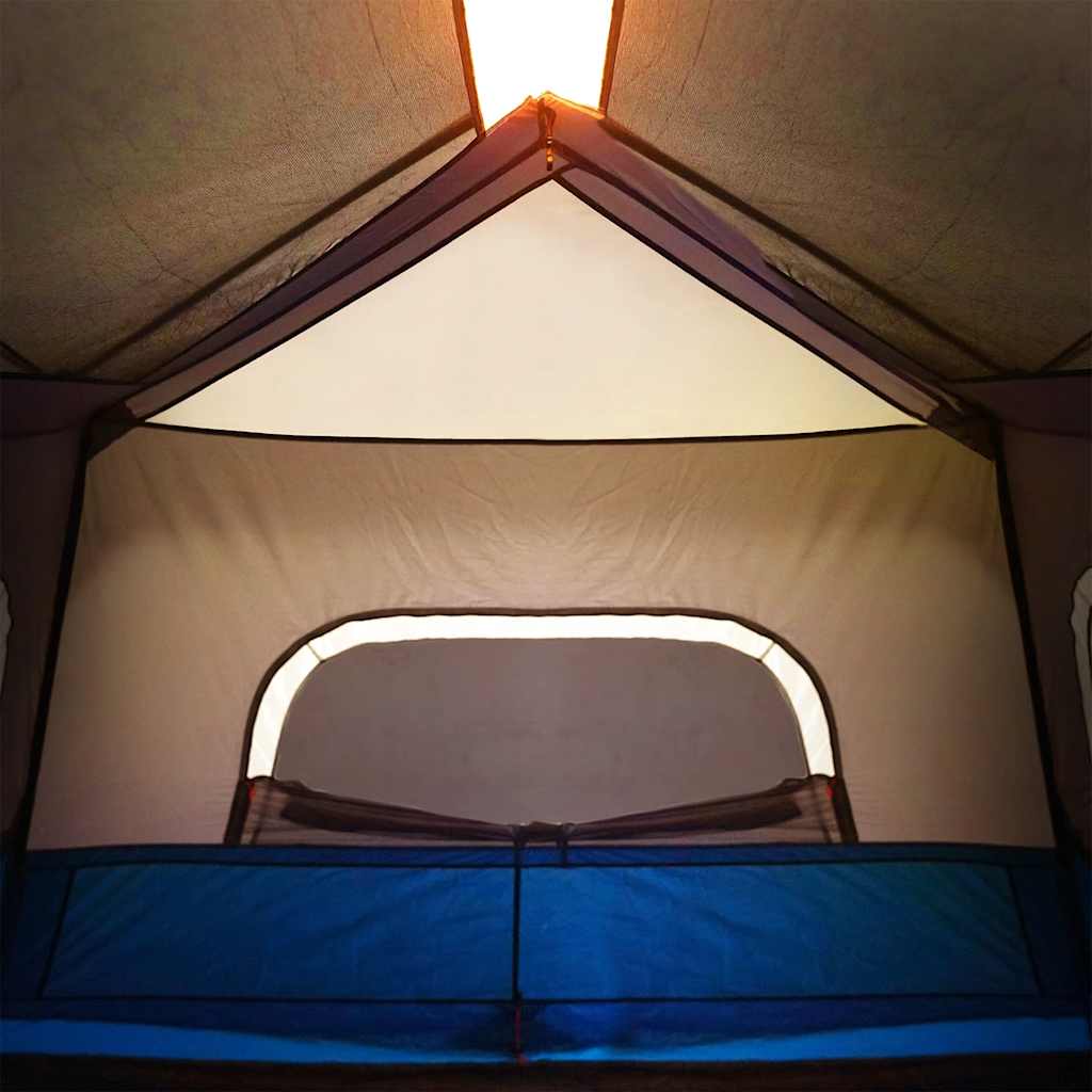 Detail van de binnenkant van de vidaXL tent met lichtblauwe randen en LED-verlichting.