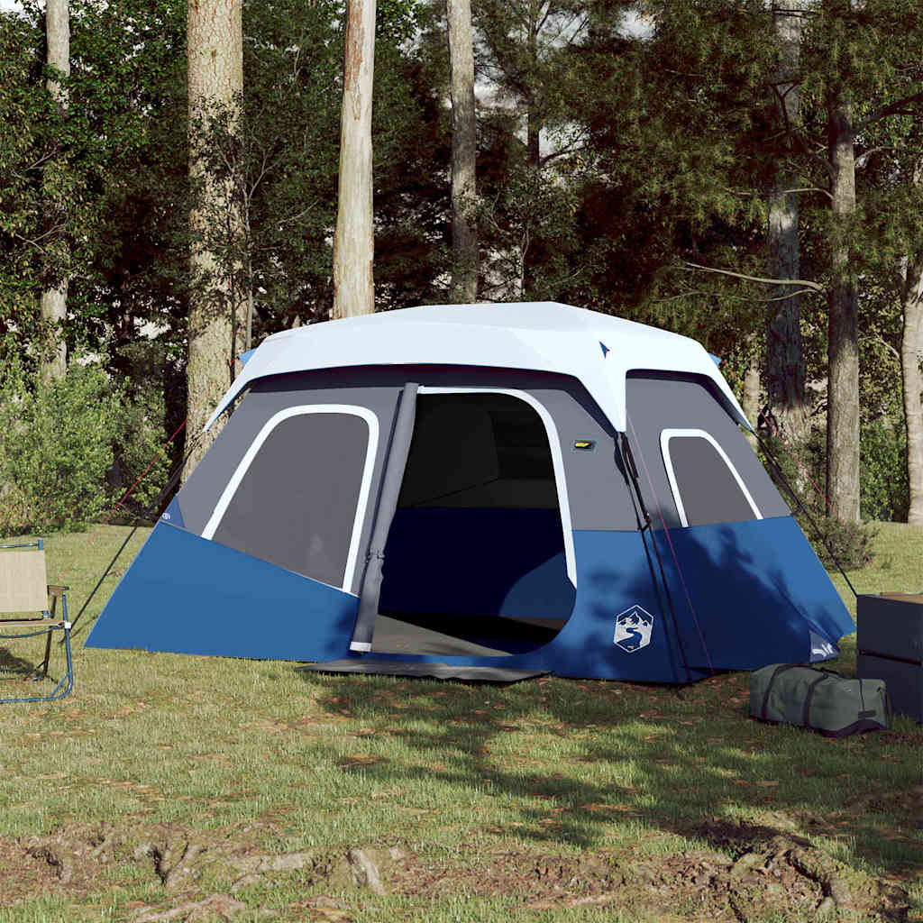 Lichtblauwe vidaXL tent met snelontgrendeling, opgesteld in een bosrijke omgeving.