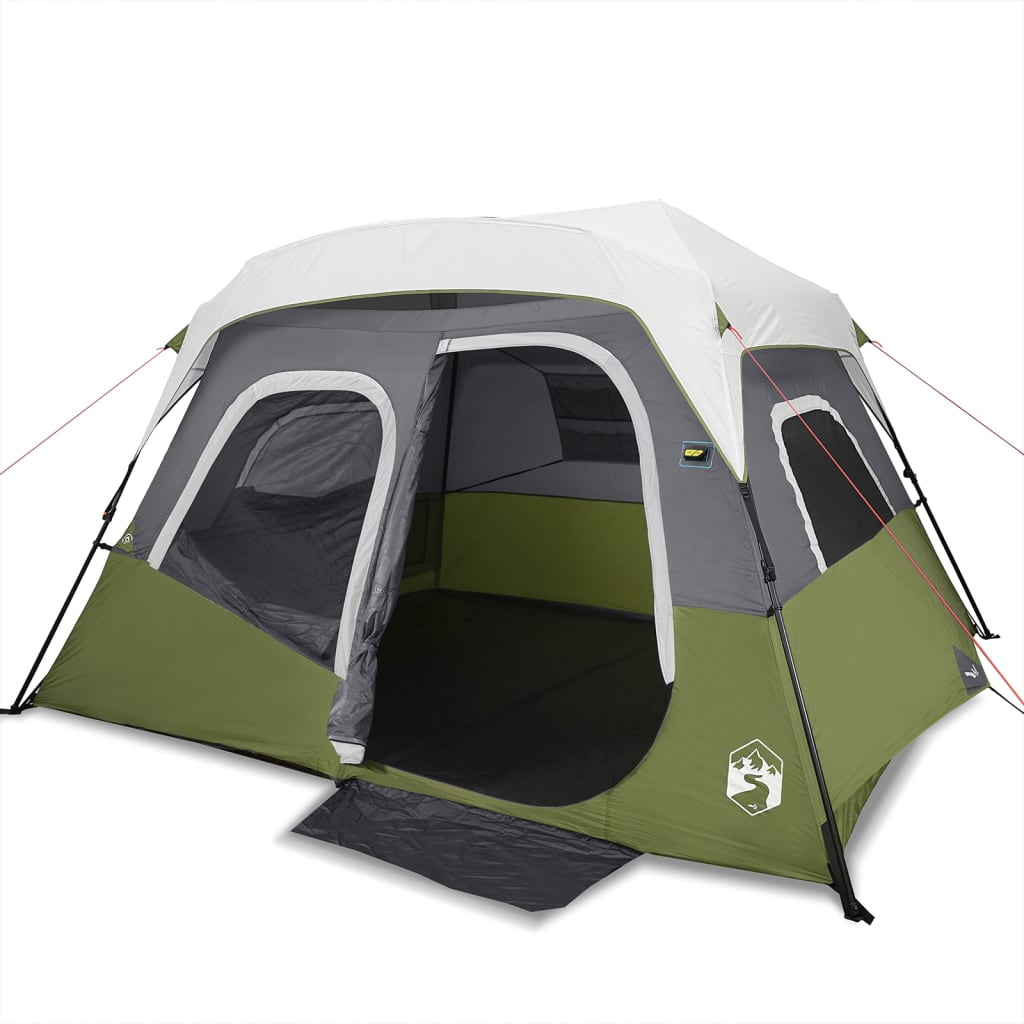 Zijaanzicht van de vidaXL tent met lichtgroene en grijze details, open ingang.