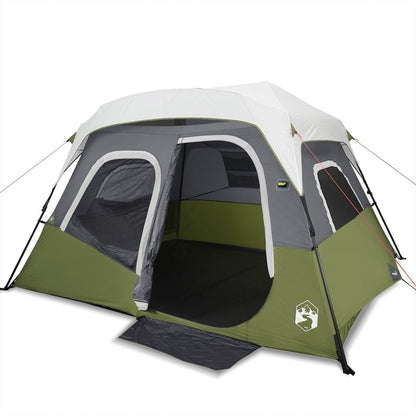 Zijaanzicht van de vidaXL tent met lichtgroene en grijze details, open ingang.