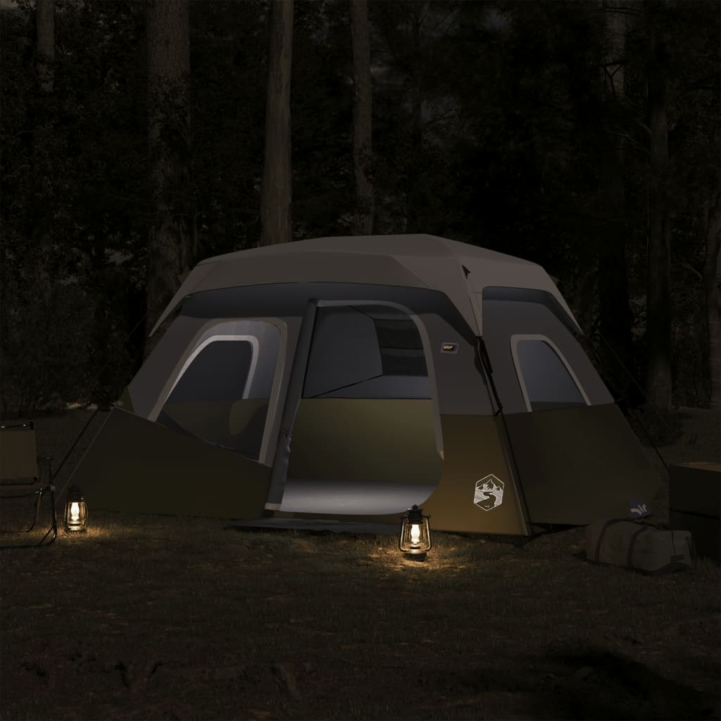 Detail van de vidaXL tent met LED-verlichting, zijaanzicht in de natuur met sfeervolle lantaarns.