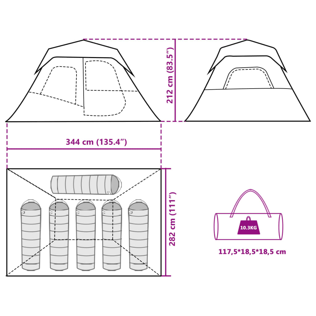 Detail van de vidaXL tent met LED, zijaanzicht en afmetingen weergegeven.