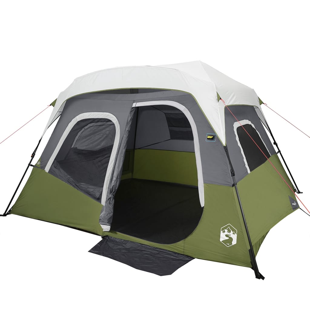 Detail van de vidaXL 6-persoons tent in lichtgroen met open ingang en ventilatieroosters.