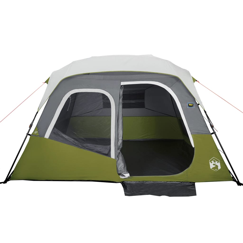 Zijaanzicht van de lichtgroene vidaXL tent met open ingang en ventilatieroosters.