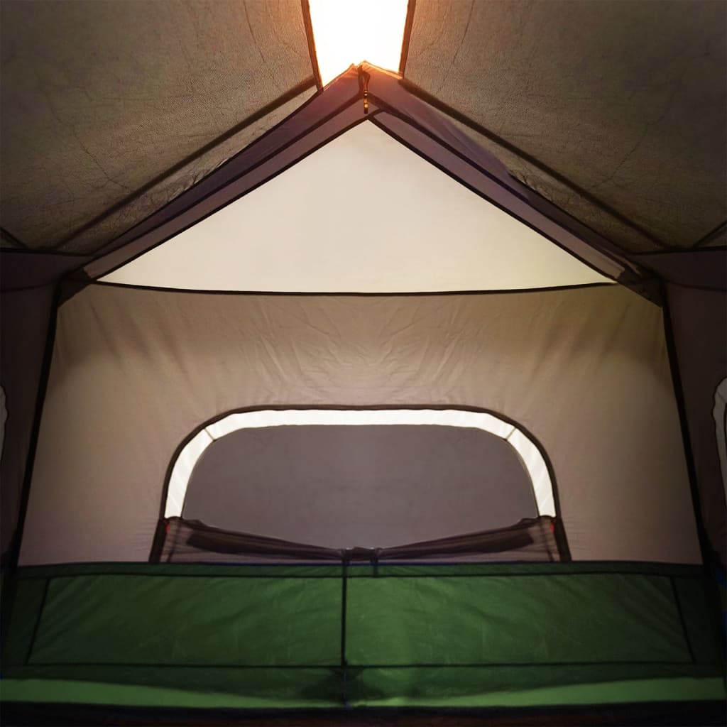 Detail van de binnenkant van de vidaXL tent met LED-verlichting en lichtgroene randen.