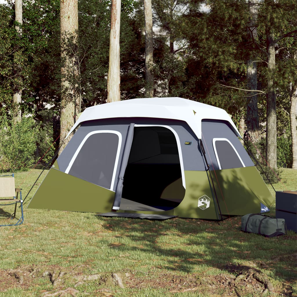 Lichtgroene vidaXL tent voor 6 personen met LED-verlichting, zijaanzicht in bosrijke omgeving.