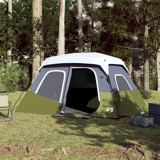 Lichtgroene vidaXL tent voor 6 personen met LED-verlichting, zijaanzicht in bosrijke omgeving.