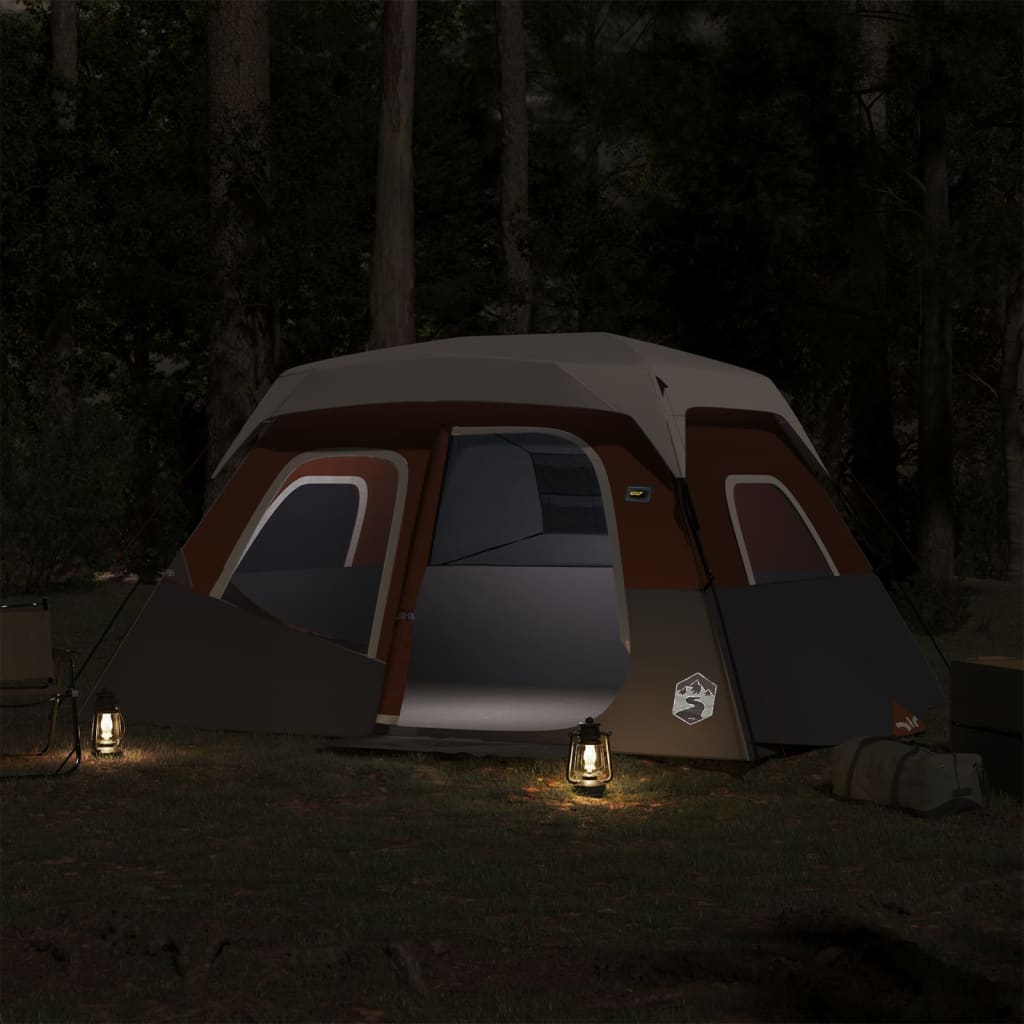 Detail van de vidaXL tent met LED-verlichting in een bosrijke omgeving.