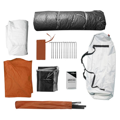 Detail van de tentaccessoires van de vidaXL 6-persoons tent, inclusief batterypack en haringen.