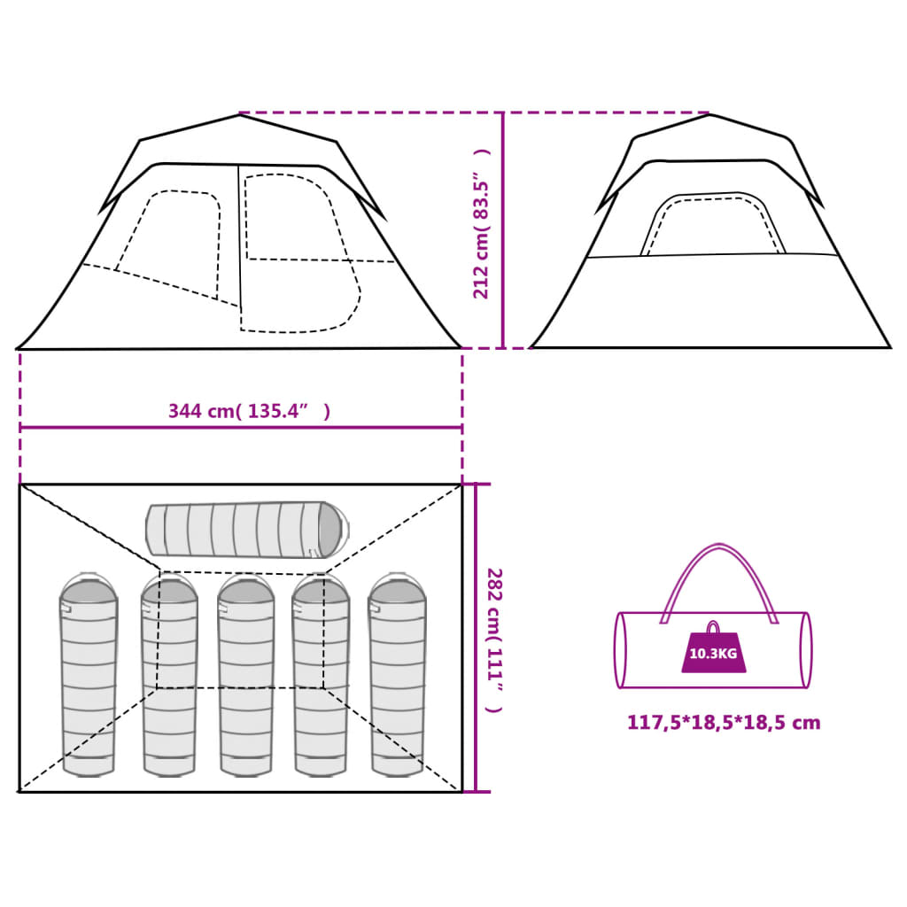 Detail van de tentafmetingen en ontwerp met opbergzak van vidaXL 6-persoons tent.