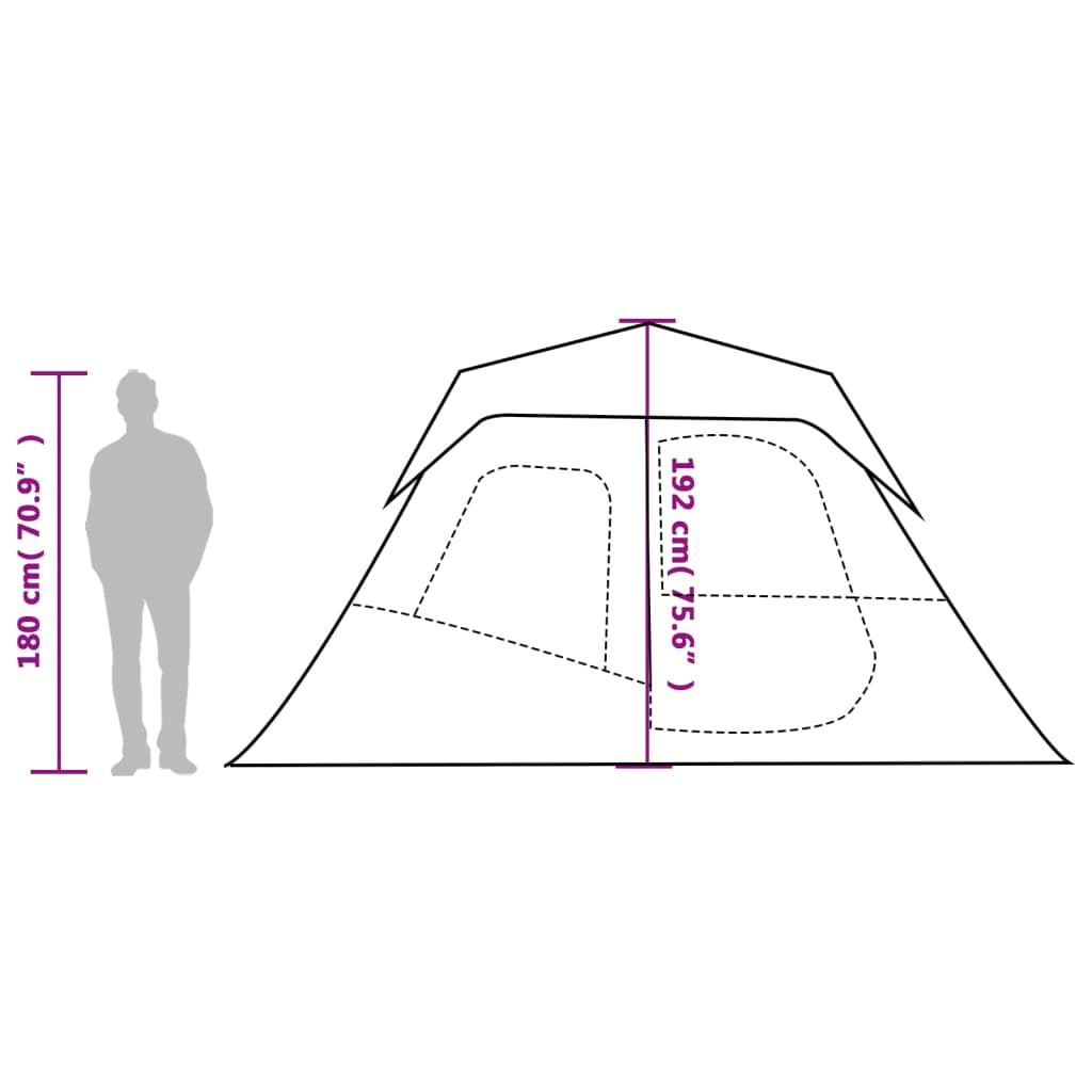 Zijaanzicht van de vidaXL tent met afmetingen en hoogte-informatie voor 6 personen.