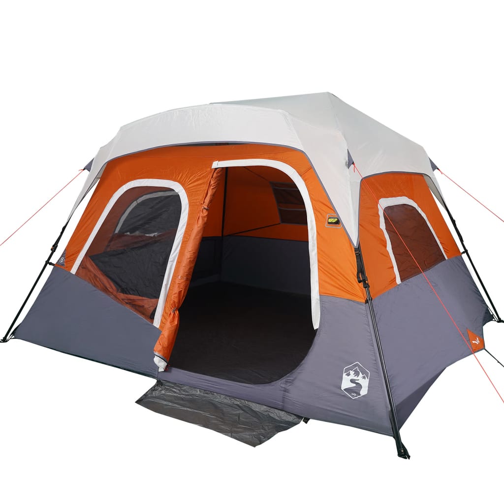 Zijaanzicht van de vidaXL 6-persoons tent met oranje en grijze kleuren, open ingangen.
