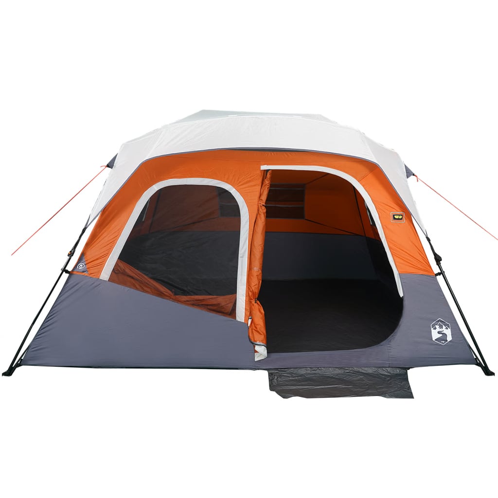 Detail van de tent vidaXL 6-persoons met oranje en grijze kleuren, open ingang en ventilatieroosters.