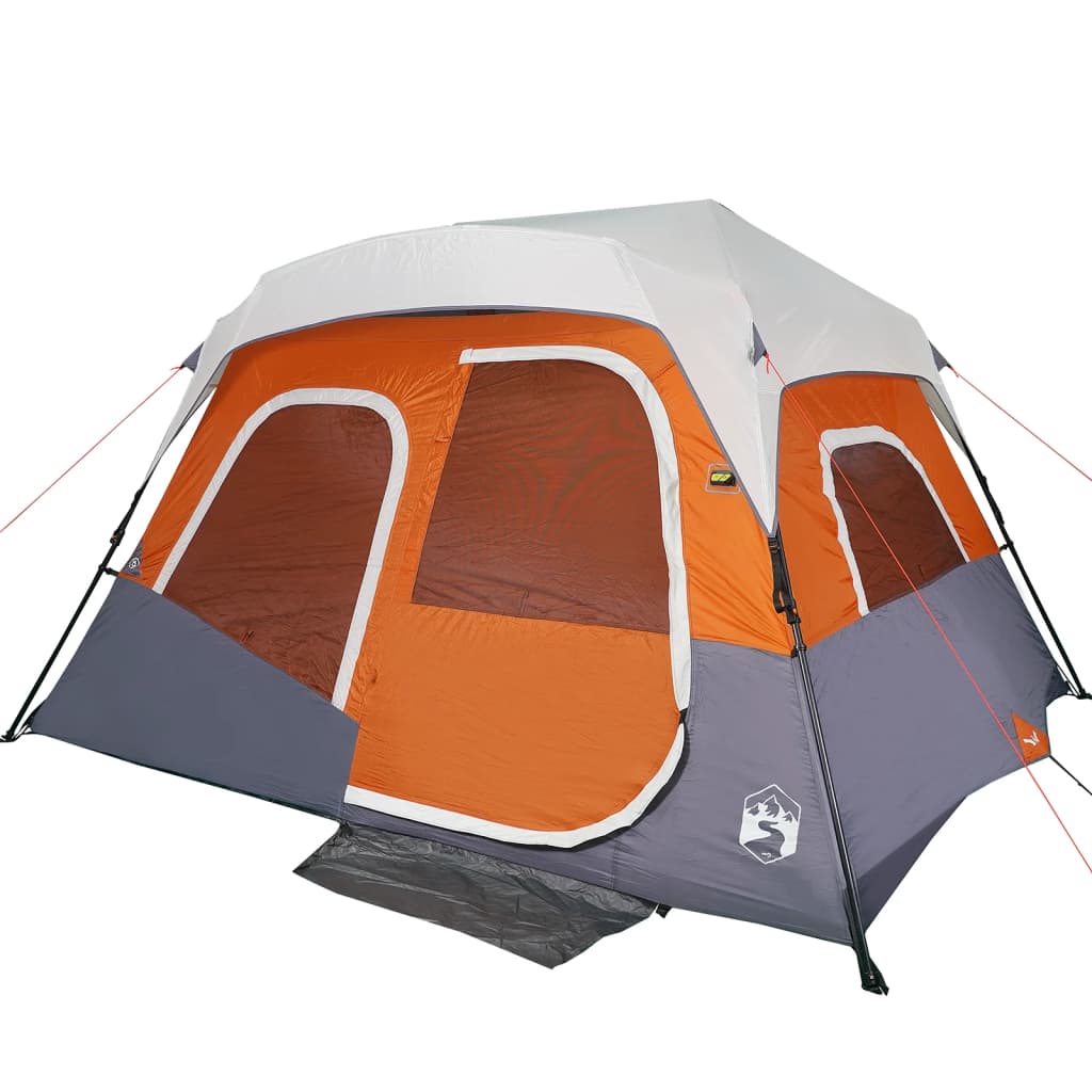 Detail van de vidaXL 6-persoons tent in lichtgrijs en oranje met grote ramen.