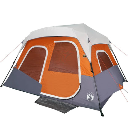 Detail van de vidaXL 6-persoons tent in lichtgrijs en oranje met grote ramen.
