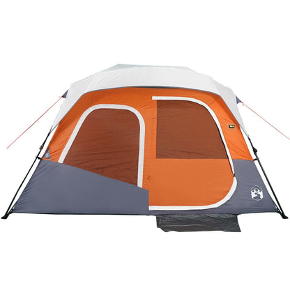Detail van de vidaXL 6-persoons tent met oranje en grijze zijpanelen en grote ingang.