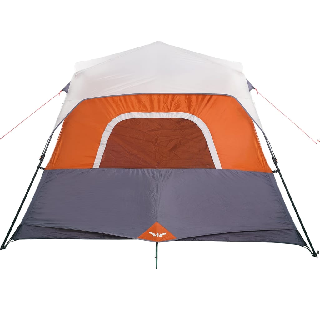 Detail van de vidaXL 6-persoons tent met oranje en grijze zijwanden, vooraanzicht.