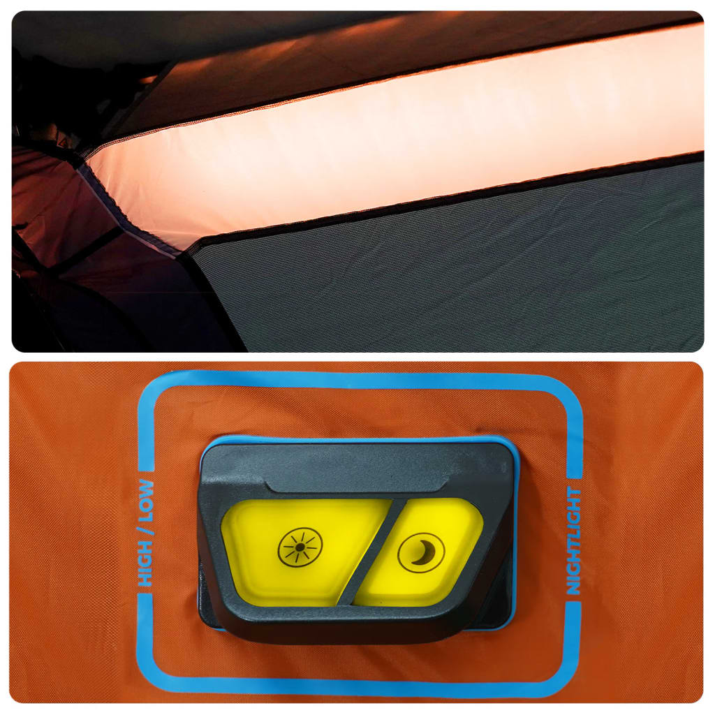 Detail van de LED-verlichting met drie helderheidsinstellingen in de vidaXL tent.
