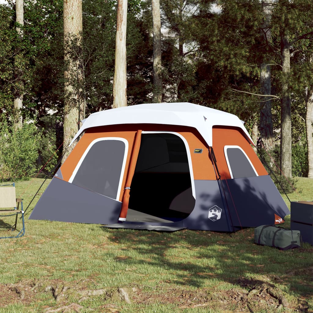 Tent vidaXL 6-persoons in lichtgrijs met open deur, ideaal voor kamperen in de natuur.