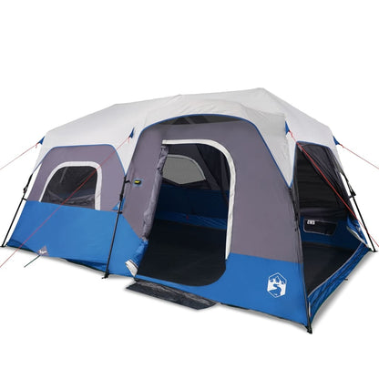 Zijaanzicht van de vidaXL 9-persoons tent met blauwe en grijze details.