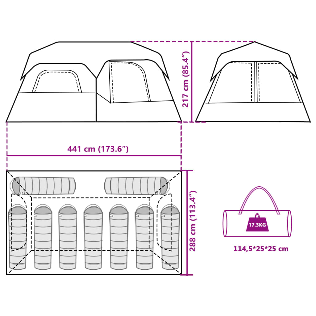 Detailweergave van de vidaXL tent met afmetingen en indeling voor 9 personen.