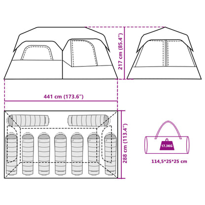 Detailweergave van de vidaXL tent met afmetingen en indeling voor 9 personen.