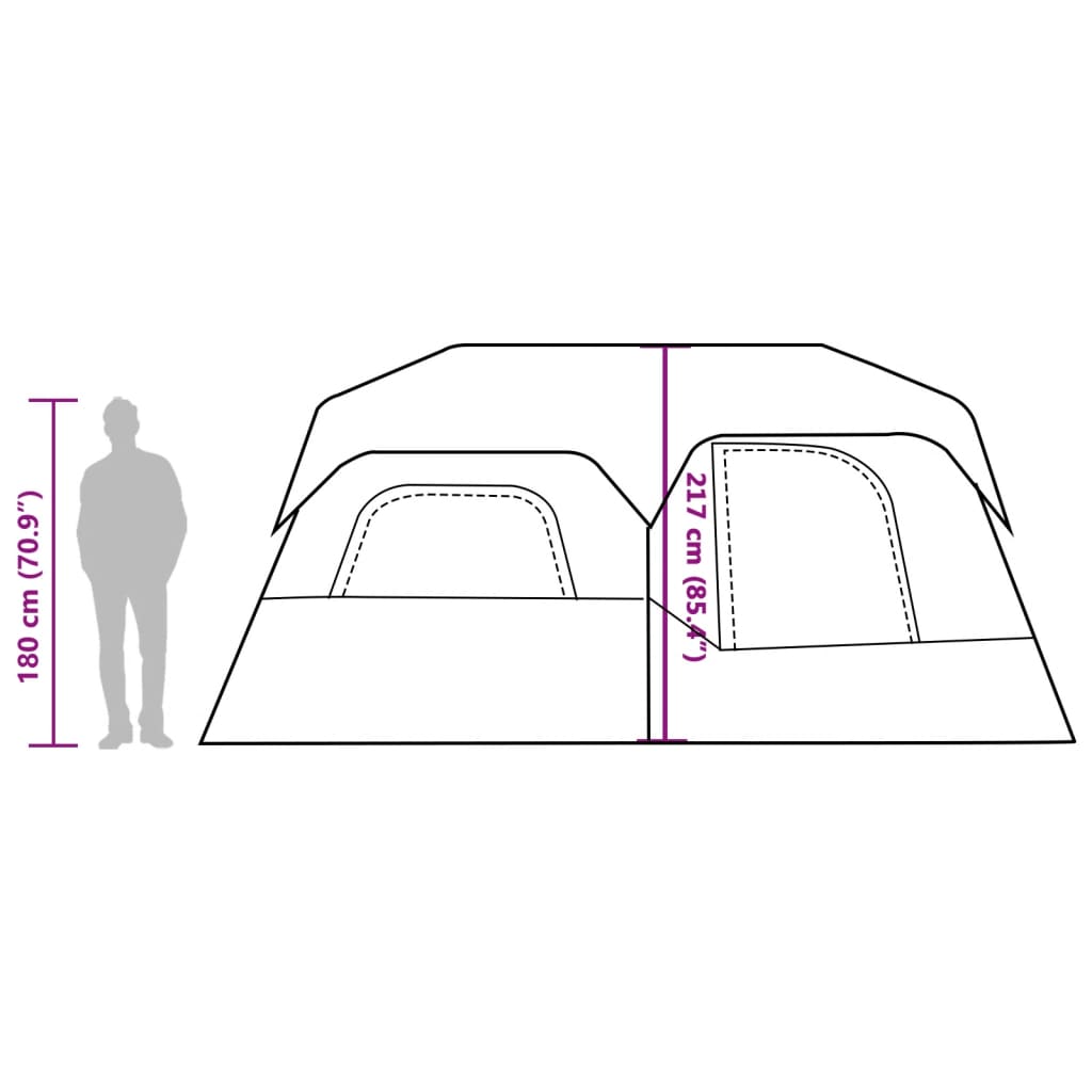 Zijaanzicht van de vidaXL 9-persoons tent met afmetingen en ingangen.