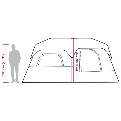 Zijaanzicht van de vidaXL 9-persoons tent met afmetingen en ingangen.