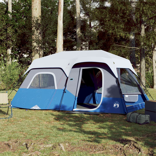 Lichtgroene vidaXL tent voor 9 personen, waterdicht met LED-verlichting, zijaanzicht in bosrijke omgeving.