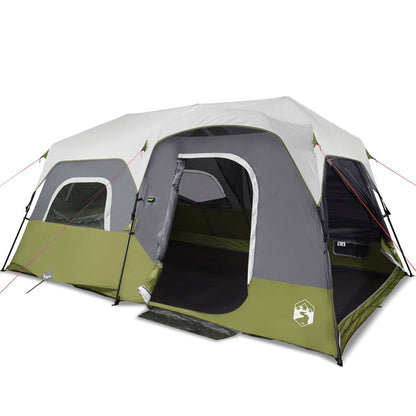 Detail van de tent vidaXL 9-persoons met waterdichte grijze en groene buitenkant.