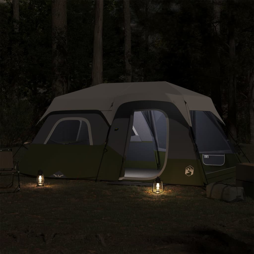 Zijaanzicht van de vidaXL 9-persoons tent met LED-verlichting in het donker.