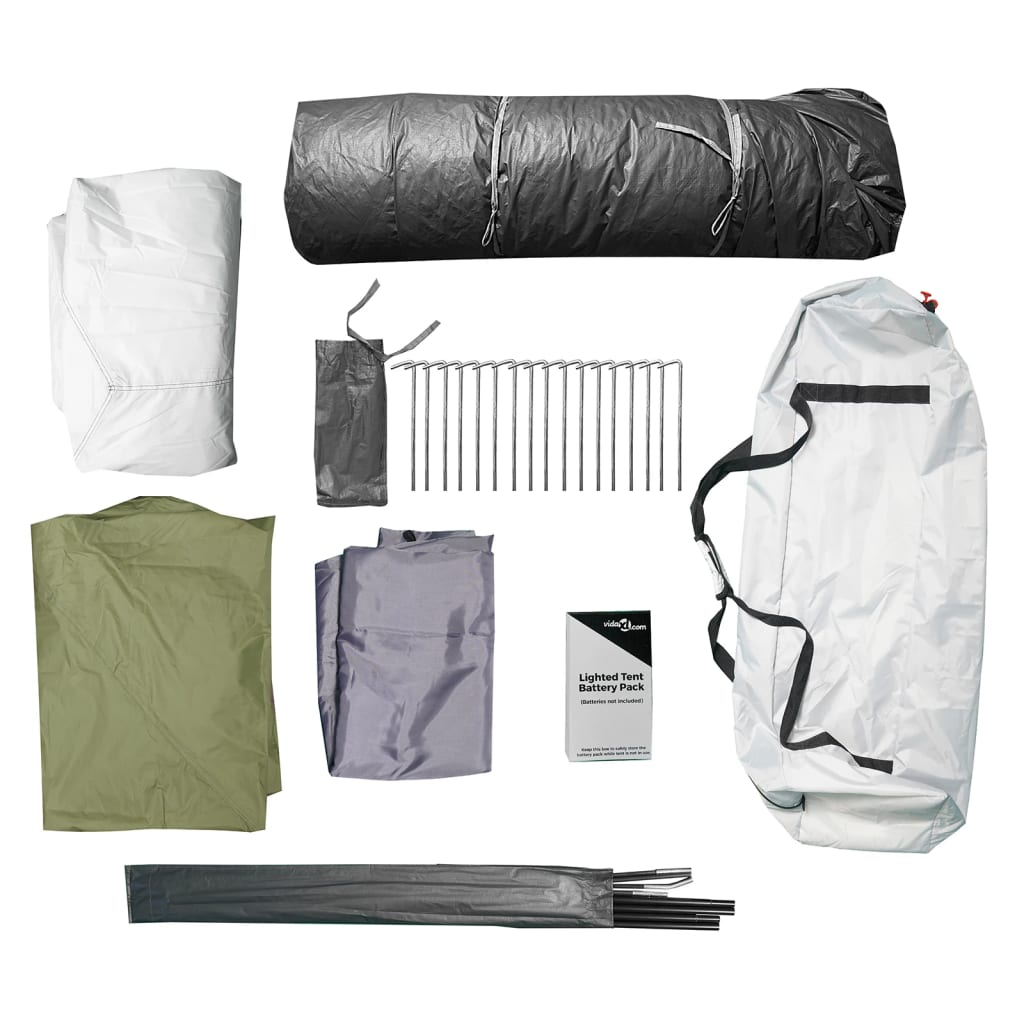 Accessoires voor de vidaXL tent, inclusief batterypack en tentstokken.