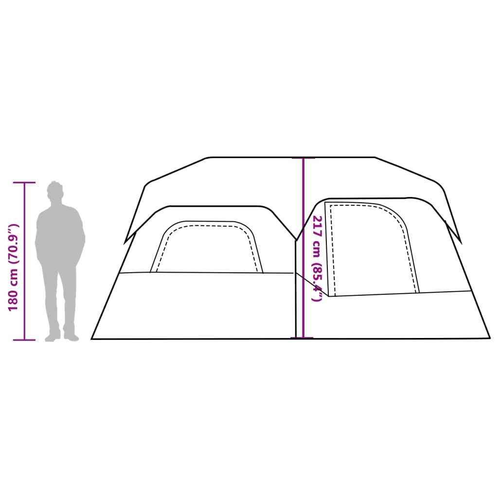 Zijaanzicht van de vidaXL 9-persoons tent met afmetingen en ingangen.