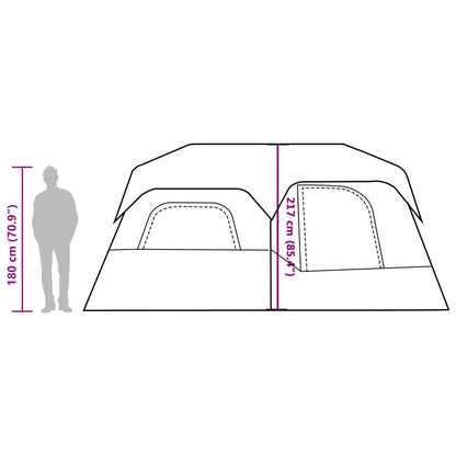Zijaanzicht van de vidaXL 9-persoons tent met afmetingen en ingangen.