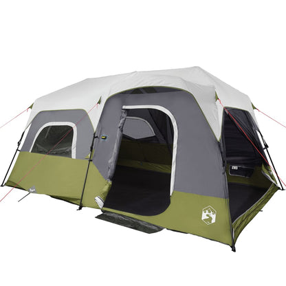 Zijaanzicht van de vidaXL 9-persoons tent in lichtblauw met waterdichte bescherming.