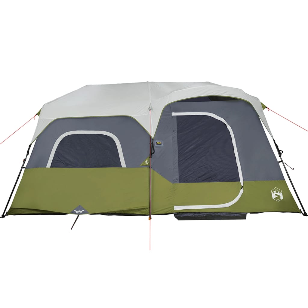 Zijaanzicht van de vidaXL 9-persoons tent in lichtblauw met grijze accenten en waterdichte details.